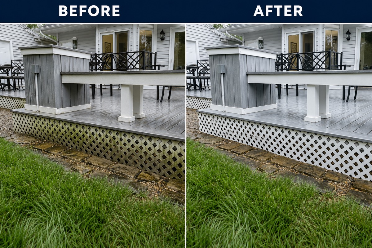 Before and after a deck cleaning: green algae removed from lattice skirting and deck boards.