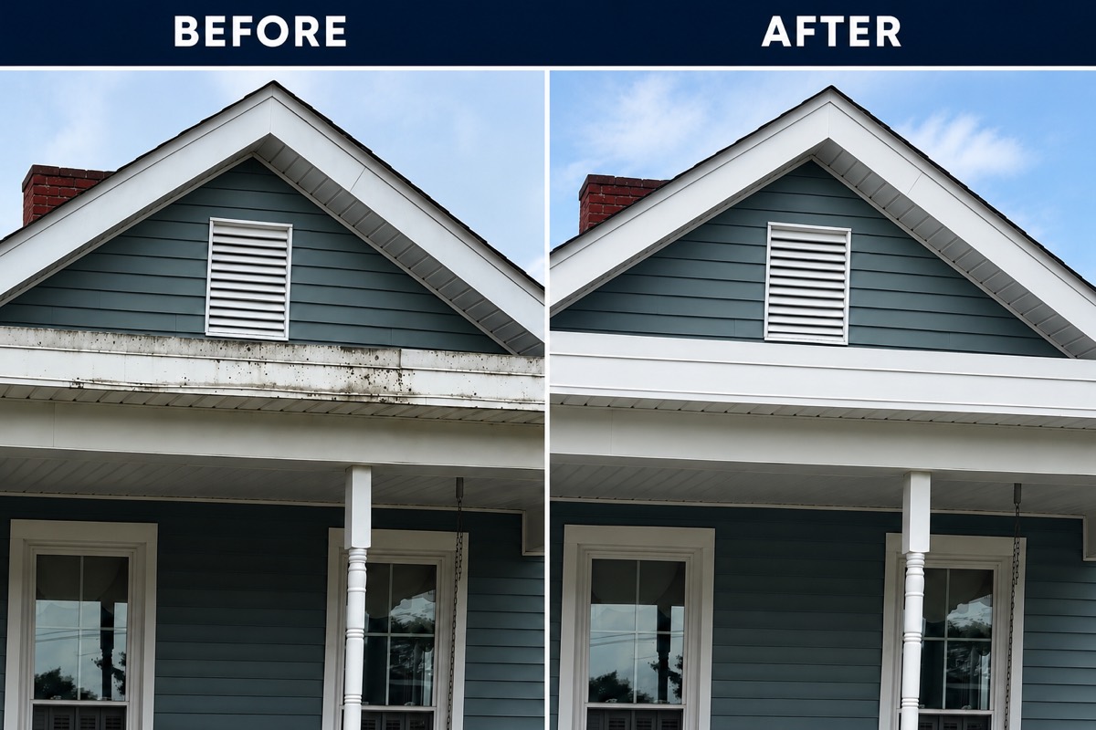 Before and after a house wash: mildew-stained fascia and siding cleaned to bright white trim.