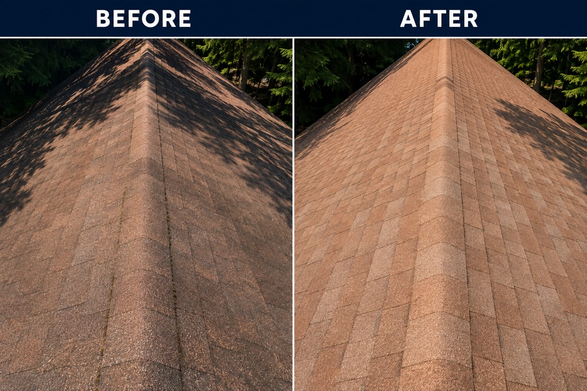 Before and after a roof soft wash: dark algae streaks removed from asphalt shingles.